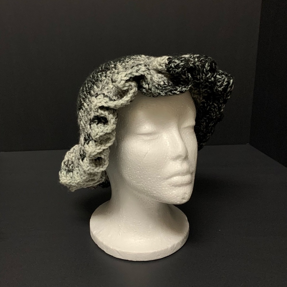 Black and White Crochet Ruffle Bucket Hat
